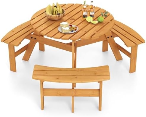 Giantex 6-Person Round Picnic Table Set with 3 Benches, 550 LBS Bench Capacity, 2" Umbrella Hole, Circular Outdoor Wood Dining Table & Chairs for Patio Yard Garden Porch Deck (68”x62”x28”,Yellow)