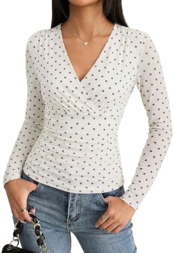 GRACE KARIN Womens Wrap Mesh Tops Long Sleeve Dressy Blouse Beige White XL
