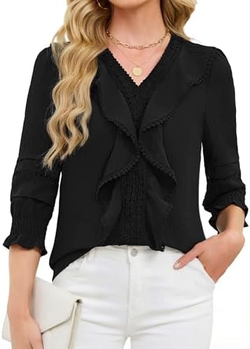Funlingo 3/4 Length Sleeve Womens Tops Dressy Casual Blouses Ruffle V Neck Lace Shirts with Smocked Cuffs 2026 Fashion Clothing Black M