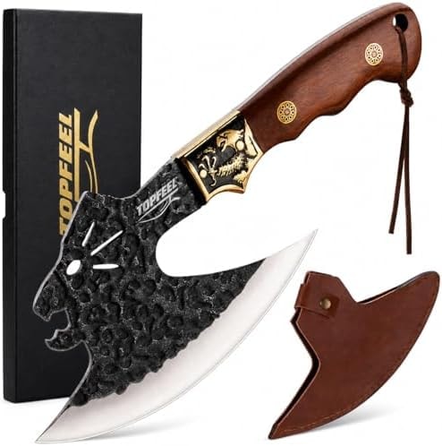 Topfeel Leopard-Head Viking Knife, Hand-Forged Meat Cleaver with Sheath