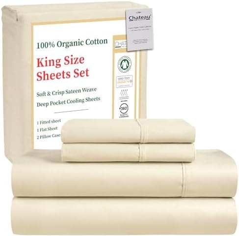 100% Organic Cotton King Size Sheets Set, Luxury Sateen Weave 300 TC -Ivory