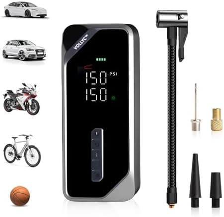VOLLYC Car Tire Inflator Portable Air Compressor–150 PSI Tire Pump for Car Tires, Electric Bike Tire Pump, Cordless Bike Pump with Digital Pressure Gauge, 4 Preset Modes for Car Bike Motorcycle Balls