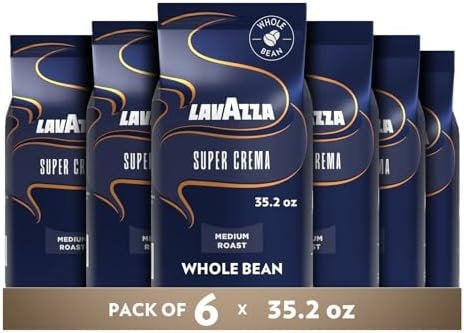 Lavazza Super Crema Whole Bean Coffee, Medium Espresso Roast, Arabica and Robusta Blend, 2.2 lb Bag, Package May Vary (Pack of 6)