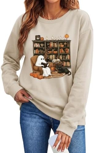 Halloween Sweatshirts Women Ghosts Reading Books Graphic Pullover Tops