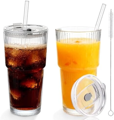 Elitrivox 20 OZ Glass Coffee Cups with Lids and Straws, Set of 2 Ribbed Glass Tumblers, Iced Coffee Cups with Lids, Reusable Glass Cups for Cold Brew, Latte, Tea, Coffee Bar Accessories, Home Office