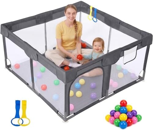 Dripex Small Baby Playpen, 47"x47" Play Pen for Babies, Dark Gray