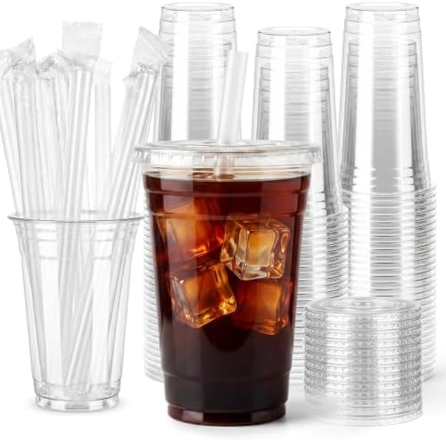 SAEUYVB 100 Pack 20oz Clear Plastic Cups with Lids and Straws