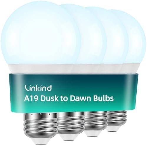 Linkind Dusk to Dawn Light Bulbs Outdoor, A19 Sensor Led Bulbs Automatic On/Off, 9.5W led Light Bulbs, 75 Watt Equivalent, 1200 Lumen, E26 Base, ETL&FCC Listed, 5000K Daylight, 4 Pack