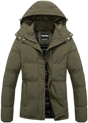 Pursky Women's Winter Coats Thicken Puffer Jacket Warm Winter Parka Padded Outwear Bubble Coat With Hood Army Green M