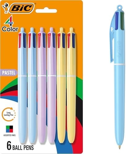 BIC 4 Color Pastel Barrel Multicolor Ballpoint Pens, Medium Point (1.0 mm), Assorted Colors, Pack of 6