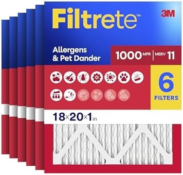 Filtrete 18x20x1 AC Furnace Air Filter, MERV 11, MPR 1000, Micro Allergen Defense, 3-Month Pleated 1-Inch Electrostatic Air Cleaning Filter, 6 Pack (Actual Size 17.81x19.81x0.81 in)