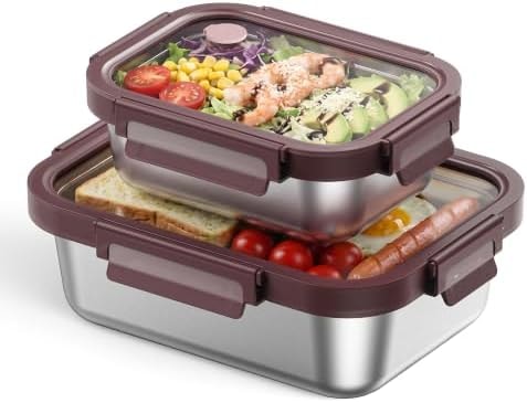 GENICOOK 2 Set Stainless Steel Rectangular Food Containers Glass Lids
