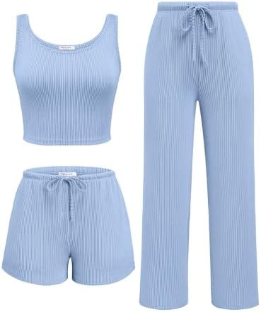 Ekouaer Women's 3 Piece Lounge Set Soft Twisted Rib Knit Summer Vacation Outfits Crop Top Shorts & Pants Set With Pokcet