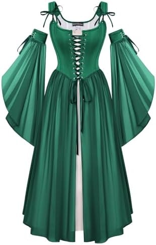Scarlet Darkness Renaissance Costume Women Fairy Corset Dress Medieval 2 Piece Set Bell Sleeve Cosplay Overdress