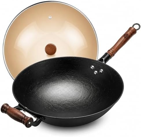 WANGYUANJI 12.6 Inch Round Bottom Cast Iron Wok with Glass Lid, Chinese Stir Fry Pan for Gas Stove & Open Flame, Uncoated Clay-Mold Texture, Wok Ring Required, Seasoning Needed
