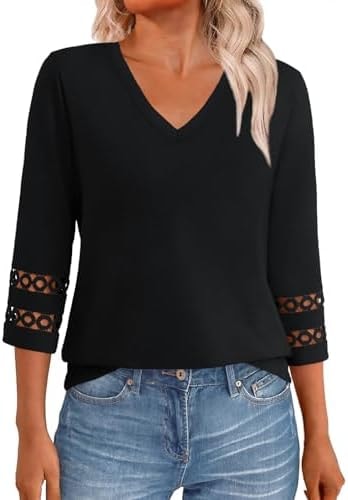 GKBK 3/4 Length Sleeve Womens Tops Dressy Casual Blouses for Women 2026 Trendy Lace Tunic Business V Neck Outfits T Shirts Fall Summer Fashion Clothes Black S