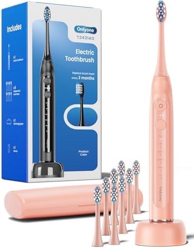 Onlyone Electric Toothbrush for Adults, Rechargeable Electric Toothbrush with 8 Brush Heads, Travel Case, Charging Base & Wireless Charging - 5 Modes with Smart Timer, Pink