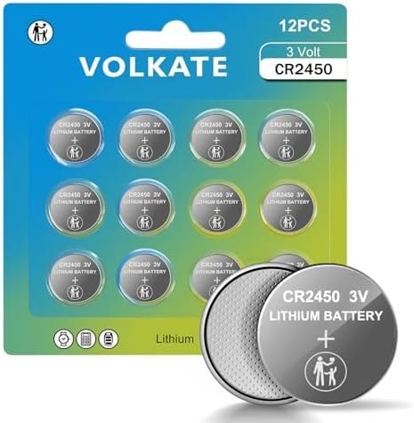 volkate CR2450 Battery, 2450 3V Lithium Battery 12 Count Pack, 3 Volt Flat Button Coin Cell Batteries for Car Key Fobs, Watches, Garage Door Openers