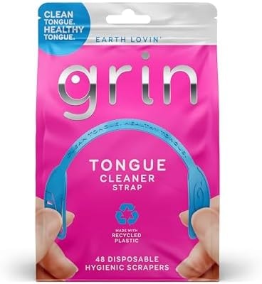 GRIN Tongue Cleaner Strap, 48 Count, Disposable Tongue Cleaner, Hygienic Dual Edge Scraper, Recycled Plastic, Clean Tongue, Healthy Tongue, Promote Fresh Breath, Includes Safe Fold- Back Tooth Pick