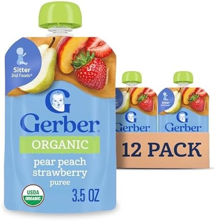 Gerber Stage 2 Organic Pear Peach Strawberry Pouches, 3.5 Oz, 12 Pack