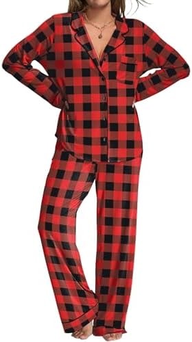Ekouaer Womens Pajamas Set 2 Piece Button Down Pjs Soft Long Sleeve Top and Pants Sleepwear Set Lounge Sets Red Plaid M