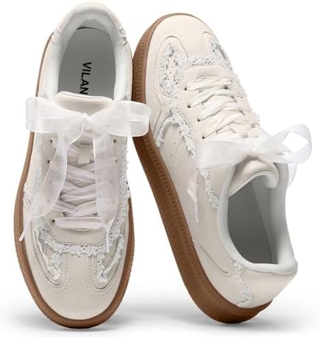 Vilanva Women's Lace Detail Fashion Sneakers Comfortable Casual Dress Sneakers with Retro Gum Sole Walking Trendy Footwear