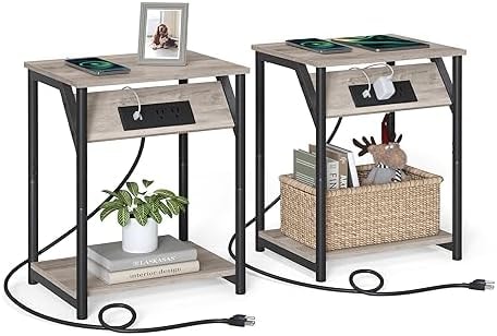 VASAGLE End Table with Charging Station, Set of 2, Small Side Tables