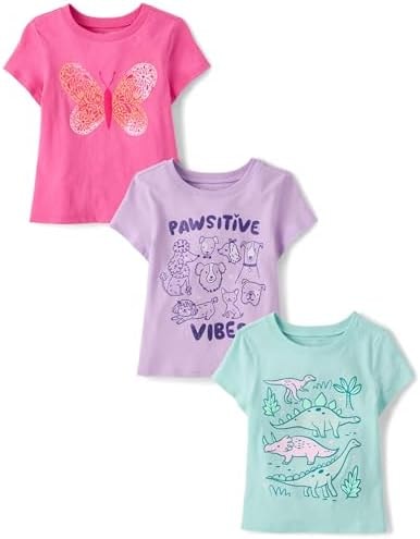 The Children's Place,Baby Girls,and Toddler Unicorns,Butterflies,Trends Short Sleeve Graphic T-Shirts,3 Pack,Dino/Pawsitive/Butterfly,12 Months18 Months