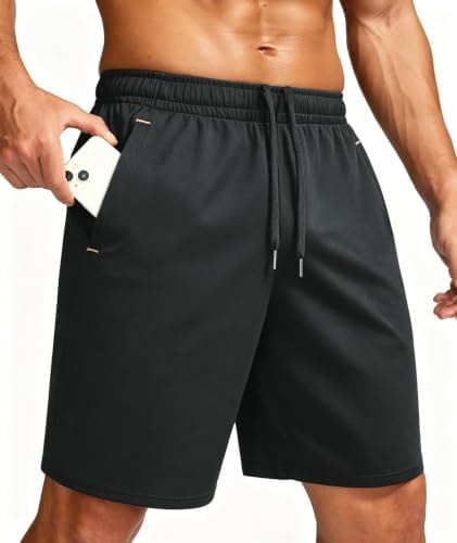 Little Beauty Mens Gym Athletic Shorts with Pockets 9" Fast Dry Basketball Workout Running Shorts Lightweight Sport Casual Black M