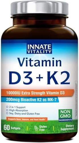 Innate Vitality Vitamin D3 K2, High Potency Vitamin D3 10000iu, 60 Softgels