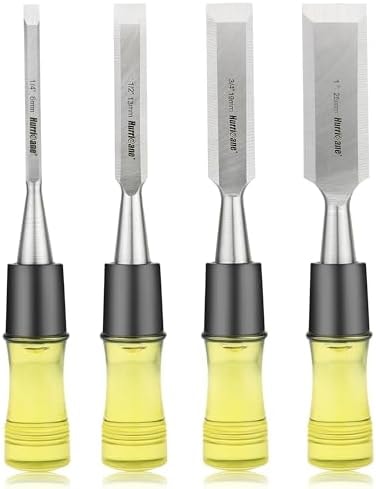 HURRICANE 4 Piece Wood Chisel Set for Woodworking. CR-V Steel Beveled Edge Blades with Safety Caps. Durable PVC High Impact Handle, for Precision Carving & DIY Projects (1/4", 1/2", 3/4", 1")