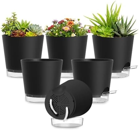 SQKH Plant Pots 4 Inch Self Watering Pots,6 Pack Plastic Planters with Drainage Holes and Clear Saucers,Plastic Flower Pots,Nursery Planting Pot for Indoor Out Door Plants (Black, 4 inch)