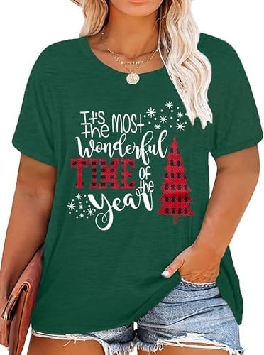 Plus Size Christmas Tops Women Merry Christmas Shirt Xmas Buffalo Plaid Tree T-Shirt Oversized Graphic Tee(Green,5XL)