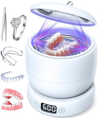 Ultrasonic Retainer Cleaner Machine, 42kHz Dental Cleaning Pod for Dentures, Aligners, Mouth Guards, Jewelry - IPX7 Waterproof Durable Removable Base and Top Cover, 3 Timer Settings, Pearl