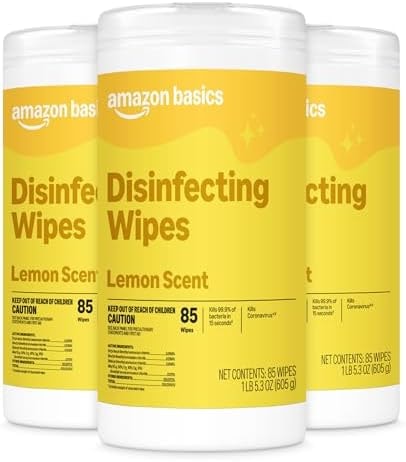 Amazon Basics Disinfecting Wipes, Lemon Scent, for Sanitizing, Cleaning & Deodorizing, 255 Count (3 Packs of 85), Packaging May Vary