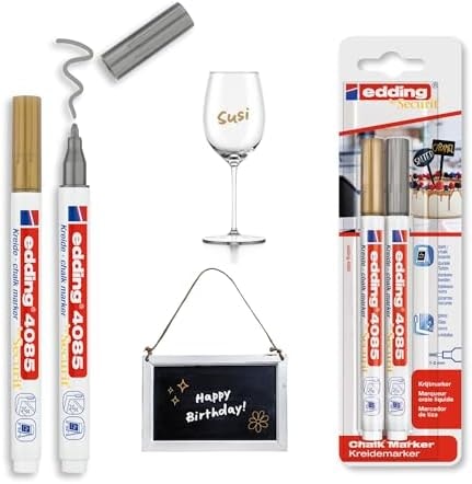edding 4085 Chalk Marker - Gold, Silver - 2 Chalk pens - Round Nib 1-2 mm - fine-Nib Wet Wipe Pen for chalkboards, Windows, Glass, Mirrors - Liquid Chalk Marker pens for Opaque Coverage