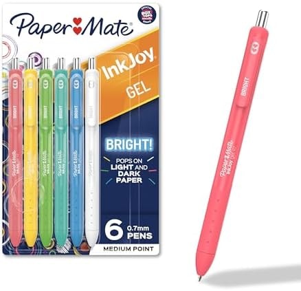 Paper Mate InkJoy Bright Pens, Gel Pens, Medium Point (0.7mm), Retractable, Assorted Brighter Colors, 6 Count