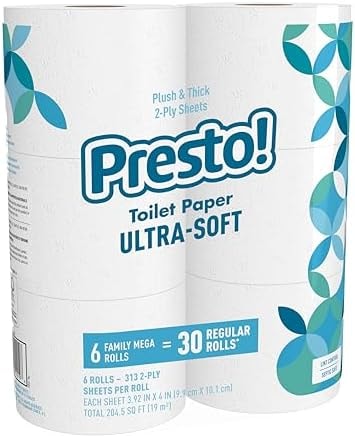 Amazon Brand - Presto! 2-Ply Ultra-Soft Toilet Paper, 6 Family Mega Rolls = 30 regular rolls, 1878 Count (6 roll of 313 sheets), Unscented, White