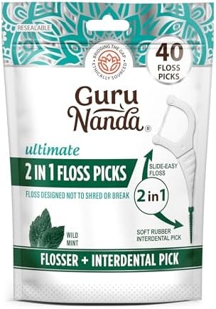 GuruNanda Dental Floss Picks, 2 in 1 Interdental Pick for Braces, 40ct