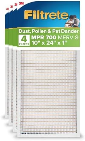 Filtrete 10x24x1 AC Furnace Air Filter, MPR 700, MERV 8, Tough on Pollen, Easy on Airflow, 3-Month Pleated 1-Inch Electrostatic Air Cleaning Filter, 4-Pack (Actual Size 9.81 x 23.69 x 0.81 in)