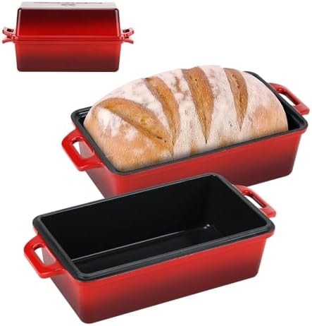 Northriver Casting 9x5 Inch Enameled Cast Iron Loaf Pan with Lid, Perfect Bread Baking Pan | Even Heat Distribution for Homemade Bread, Cake, Meatloaf,2 Piece set,Red
