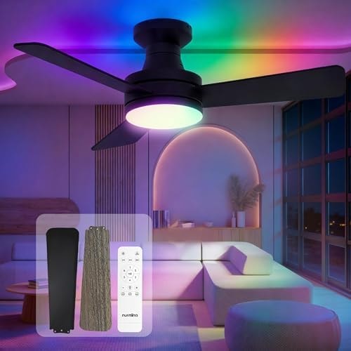 NURMINA NURMINA 42 Inch Ceiling Fan with Lights, RGB Flush Mount Low Profile Ceiling Fan with Lights, 6CCT Dimmable Reversible Quiet DC Motor Remote Control for Bedroom Kids Room Living Room, Black