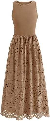 dowerme Women Sleeveless Lace Eyelet Cotton Tank Maxi Dress,Khaki,XXL