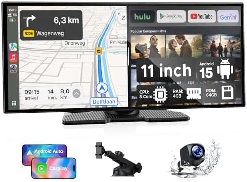 LAMTTO 11'' AI CarPlay Screen with Google-Play Download APPs & Gemini, Smooth 8-Core, Wireless Car Play Android Auto, Vivid 60FPS 1920x720 Display, 1080P Backup Camera/DVR for Road Trip Entertainment