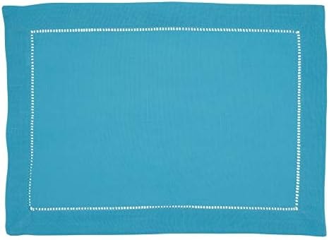 SARO LIFESTYLE Classic Hemstitch Placemats (Set of 12) - Elegant Everyday Placemats with Textured Fabric and Hemstitched Border for Dining Tables and Formal Entertaining, 14"x20", Turquoise