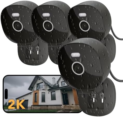 FAMVIVA 2K Wired Security Camera, Indoor/Outdoor for Home, Pet, Baby, Nanny, IP65 Waterproof Color Night Vision, White Light & Siren, Recording, Motion Detection, Works with Alexa,Pulg in, Black-4P