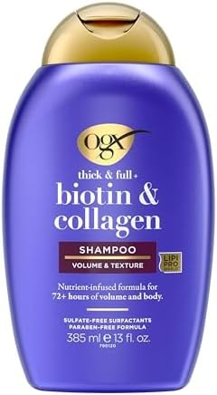 OGX Thick & Full + Biotin & Collagen Volumizing Shampoo, Nutrient-Infused Hair Shampoo with Vitamin B7 Biotin Gives Hair Volume & Body for 72+ Hours, Sulfate-Free Surfactants, 13 fl. oz