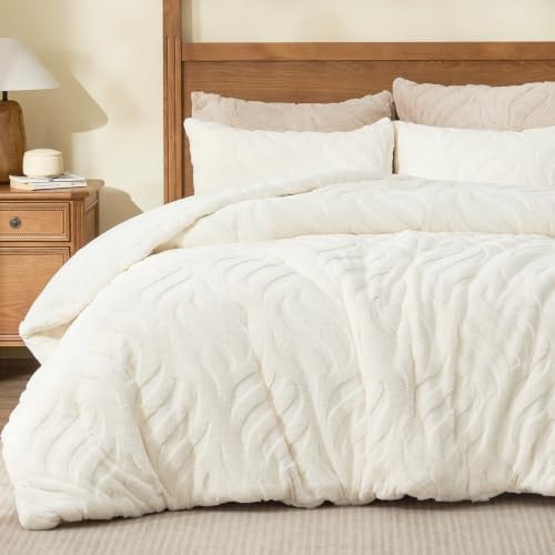 BEDELITE Fluffy Faux Fur Comforter Set Queen, Fuzzy Bedding Set, Cream