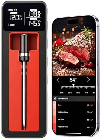 QUICKHORSE Smart Wireless Meat Thermometer IP67 Ultra-Thin Probe ±0.5℉ Accuracy Bluetooth 230ft Real-Time Monitoring & Smart Alerts with APP Standalone Display Base for BBQ, Oven, Kitchen,Grill,Smoker