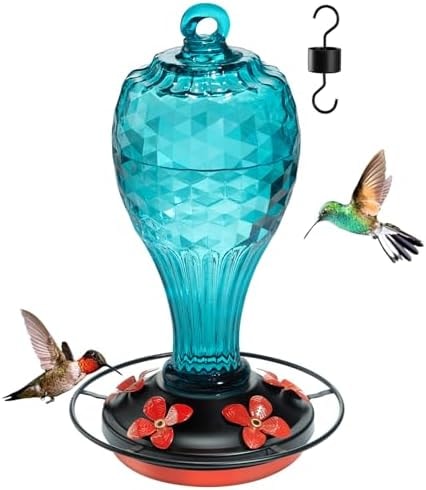 Jarkyfine Glass Hummingbird Feeders for Outdoors, Blue, 20 OZ